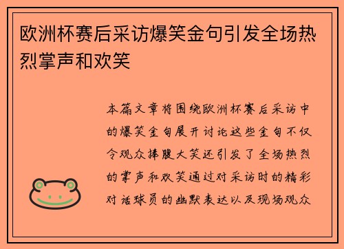 欧洲杯赛后采访爆笑金句引发全场热烈掌声和欢笑