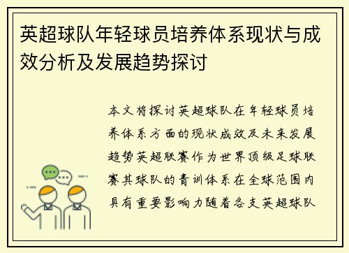 英超球队年轻球员培养体系现状与成效分析及发展趋势探讨