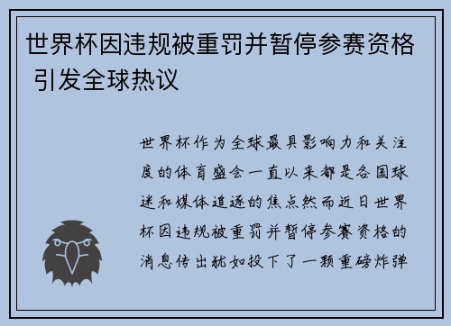 世界杯因违规被重罚并暂停参赛资格 引发全球热议